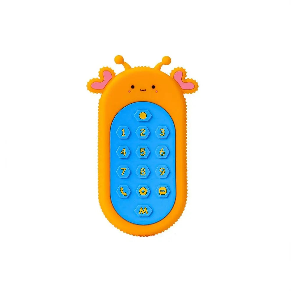 An orange silicone teether toy shaped like a smiling face with blue buttons for baby pain relief.