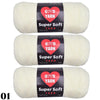 Three balls of Super Soft Yarn labeled GOVD YARN for crochet and knitting