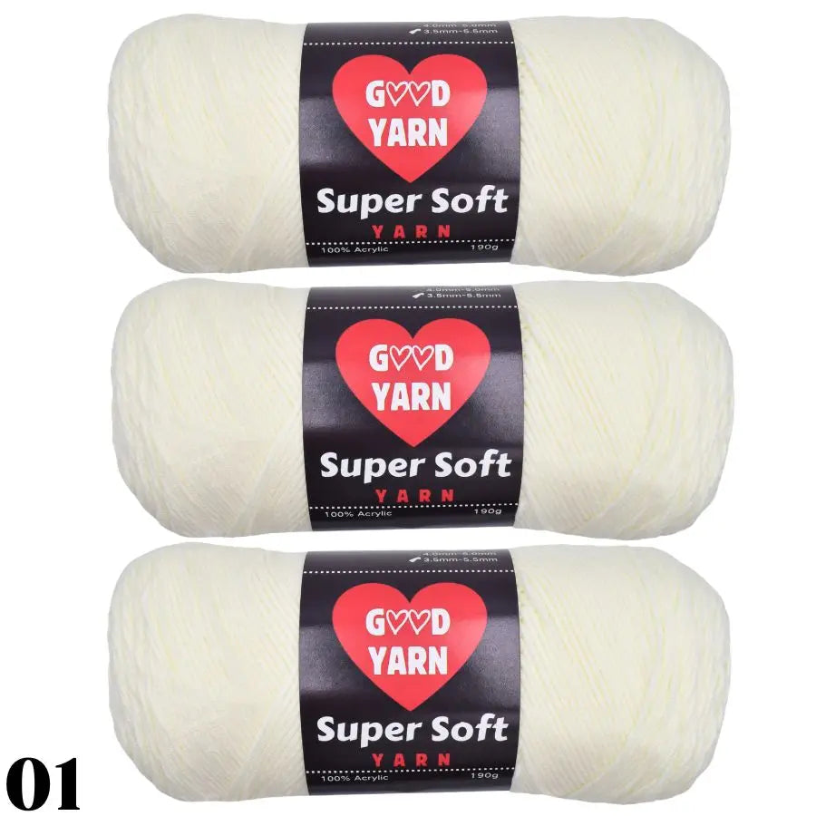 Three balls of Super Soft Yarn labeled GOVD YARN for crochet and knitting
