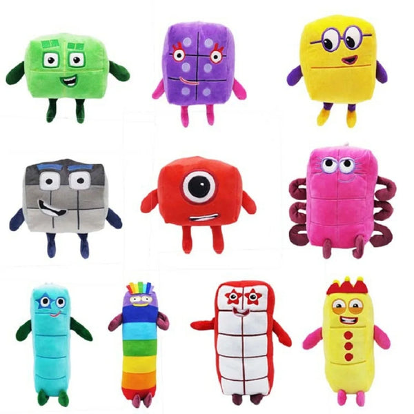 A collection of colorful plush stuffed dolls featuring various characters and designs.