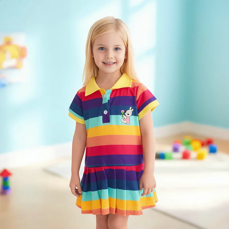A young girl wearing a colorful summer dress with rainbow stripes and rabbit embroidery standing indoors.