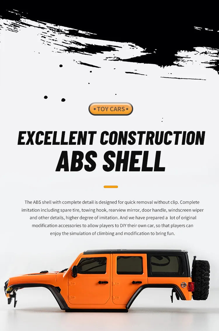 Orange 1:18 scale 4WD off-road RC Jeep with ABS shell for climbing and modification