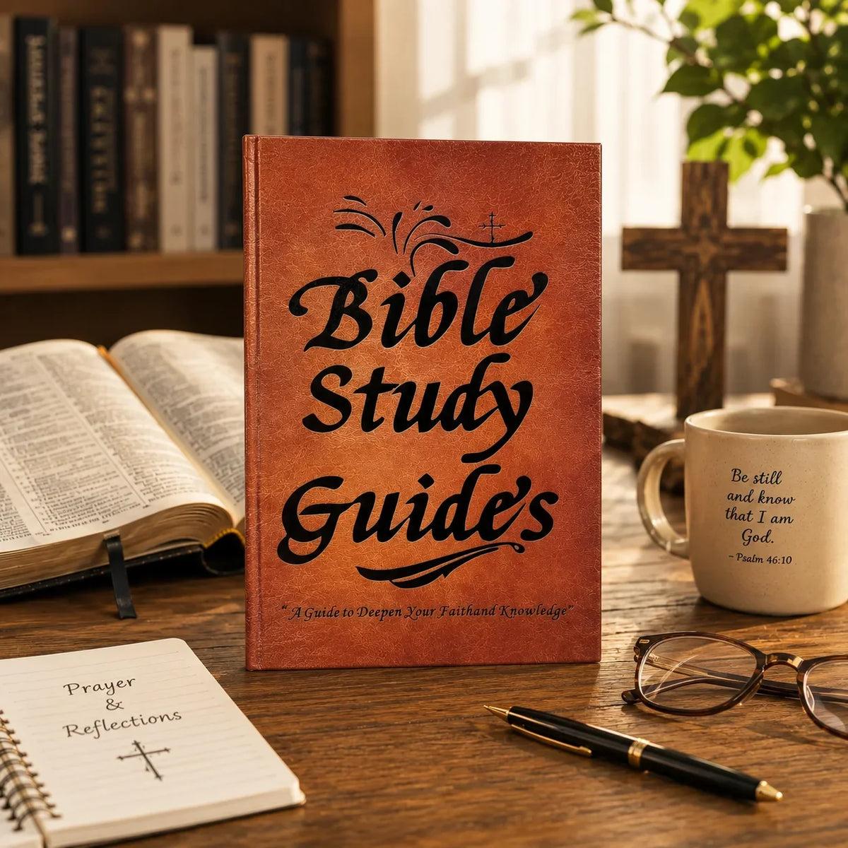 A leather-bound Bible Study Guide book resting on a wooden table next to an open Bible and a notebook.