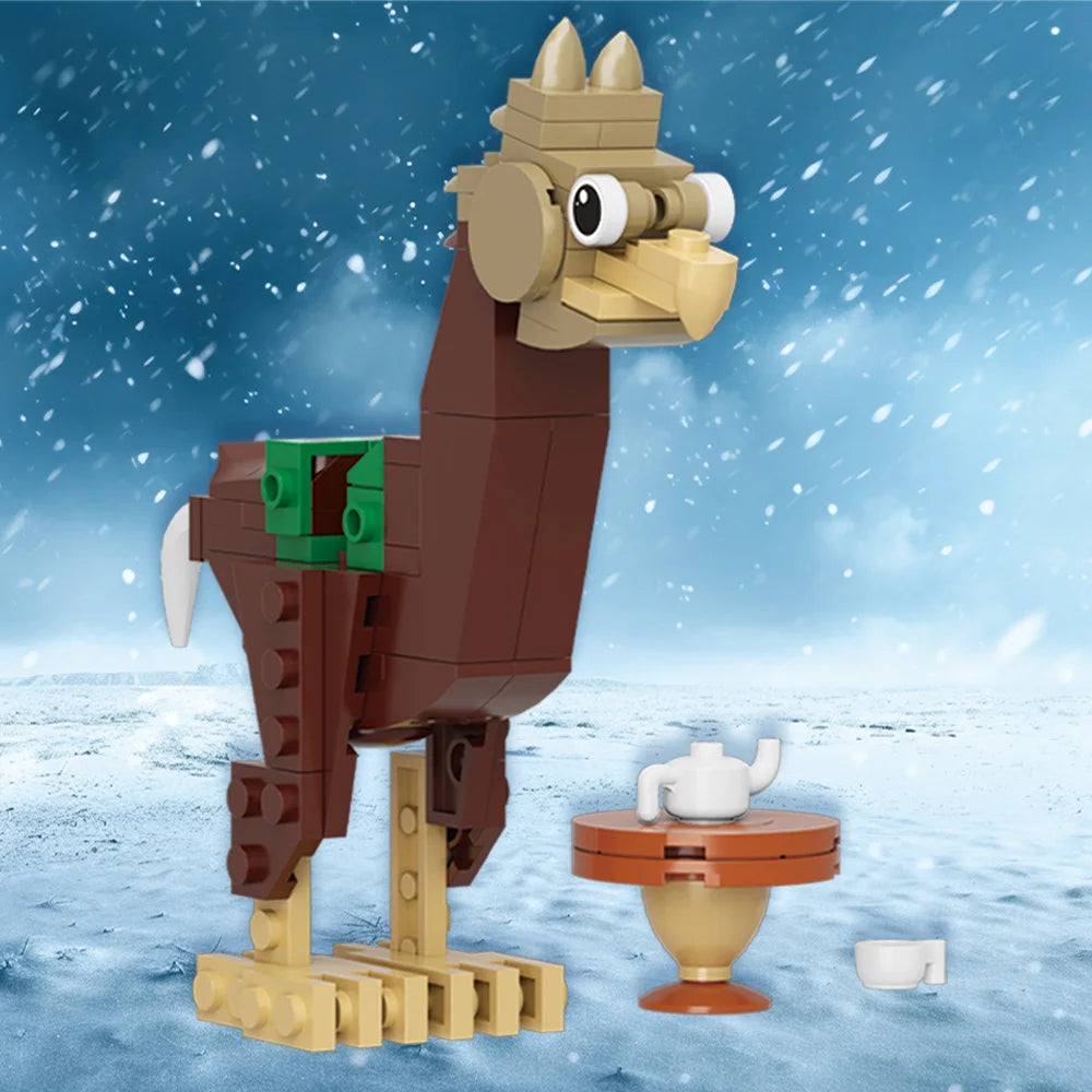 A brown flying bison building block figure standing on a yellow base with a white teapot and saucer.