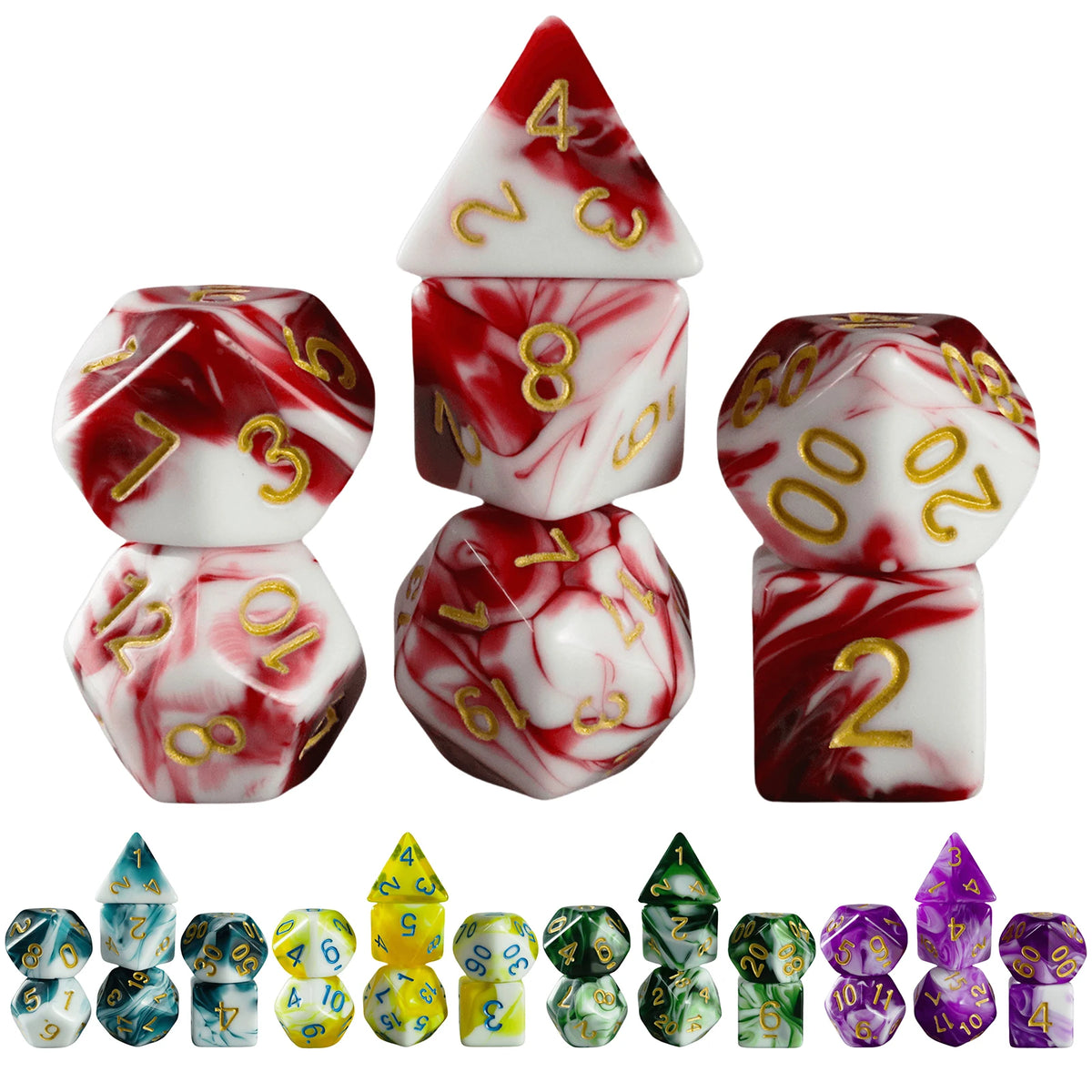 A collection of acrylic dice showing various colors and blood effects for tabletop gaming.