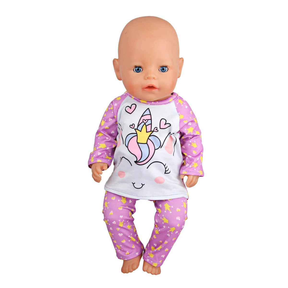 A baby doll wearing a purple and white unicorn pajama set.