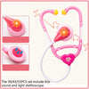 A pink kids doctor pretend play medical kit set including a stethoscope and light sound device.