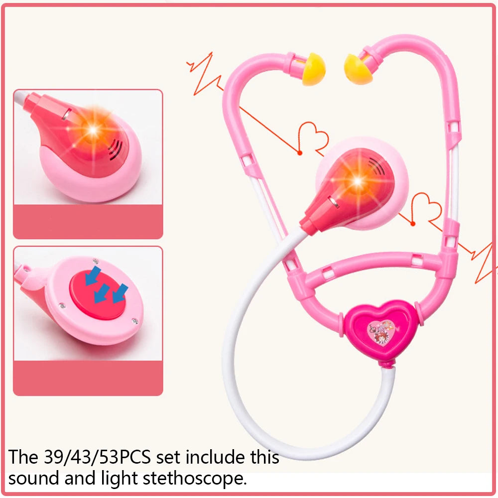 A pink kids doctor pretend play medical kit set including a stethoscope and light sound device.