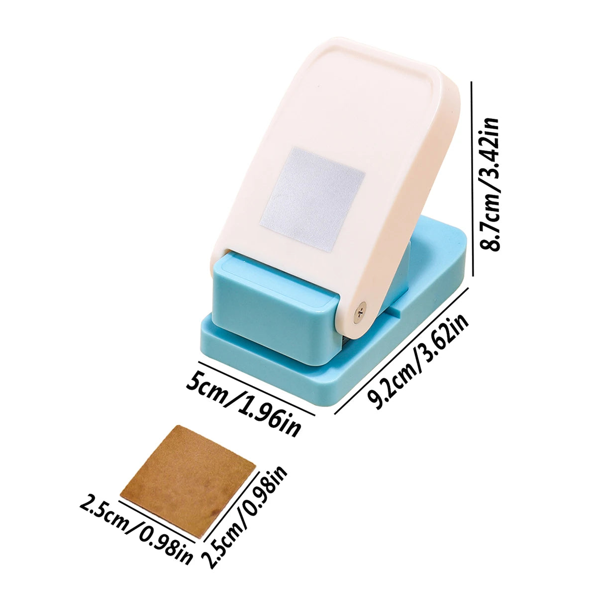 A light pink lever action embosser tool with a square embossing plate and a blue base, shown from the side.