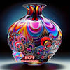 A glass vase filled with vibrant iridescent liquid and detailed diamond painting designs of animals and plants.