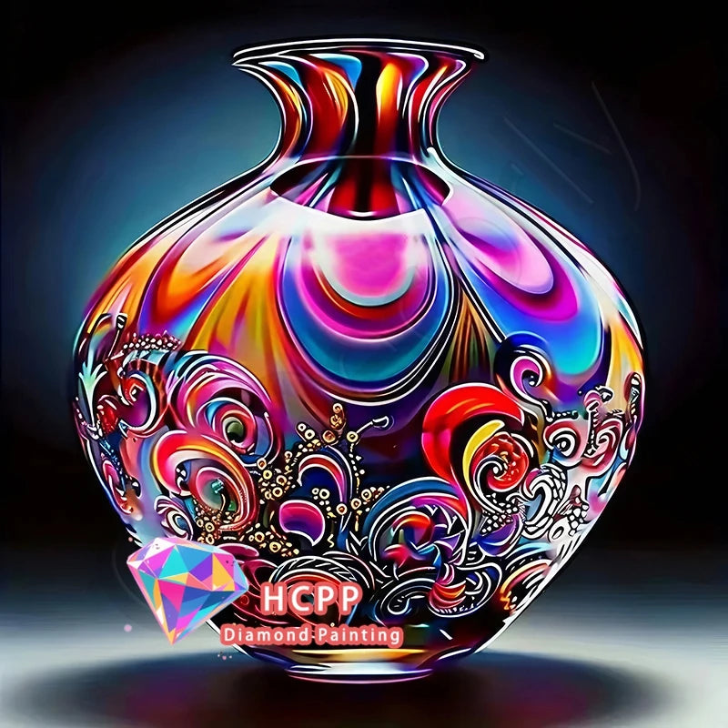 A glass vase filled with vibrant iridescent liquid and detailed diamond painting designs of animals and plants.