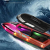 A black waterproof boat with colorful accents is shown against a blue water background.