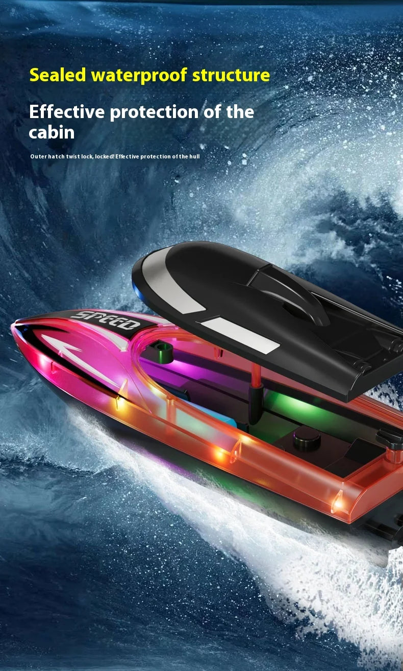 A black waterproof boat with colorful accents is shown against a blue water background.
