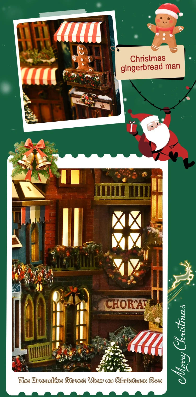 A miniature model of a Christmas street corner featuring a wooden book nook kit.