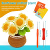 A yellow sunflower potted plant made from crochet, shown with needle tools and instructions.