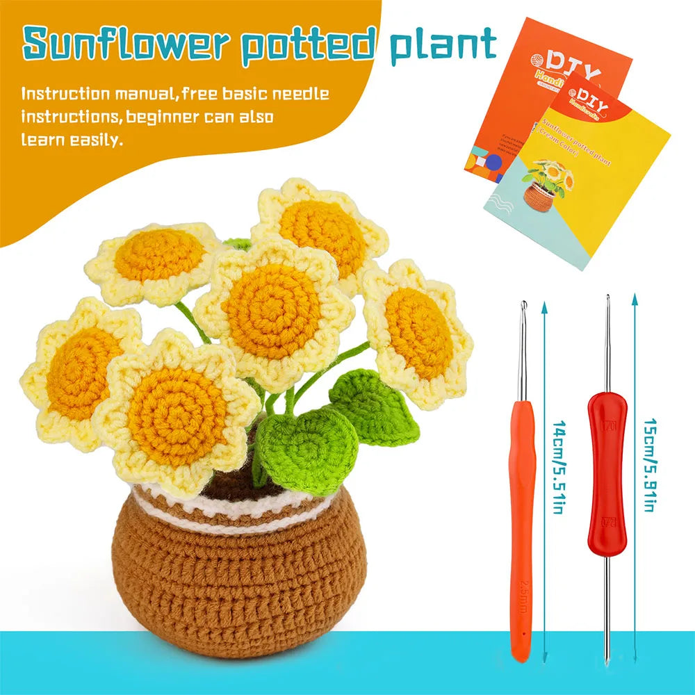 A yellow sunflower potted plant made from crochet, shown with needle tools and instructions.