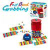 A red plastic container with a lid and various colored beads is shown next to a wooden board game for two players.