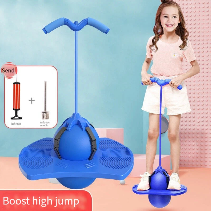 A smiling girl is shown using a blue frog jump bouncing ball for height training and balance.