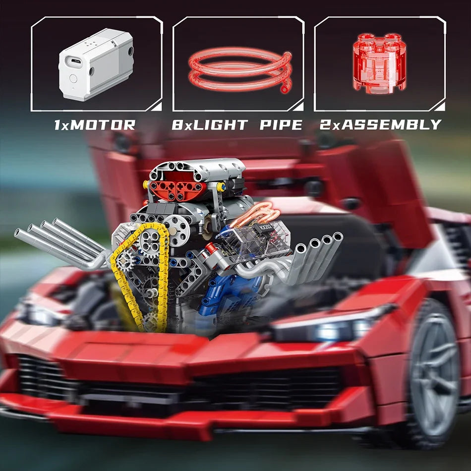 Technical V8 Engine Model Building Kit with LED Lights and App Control