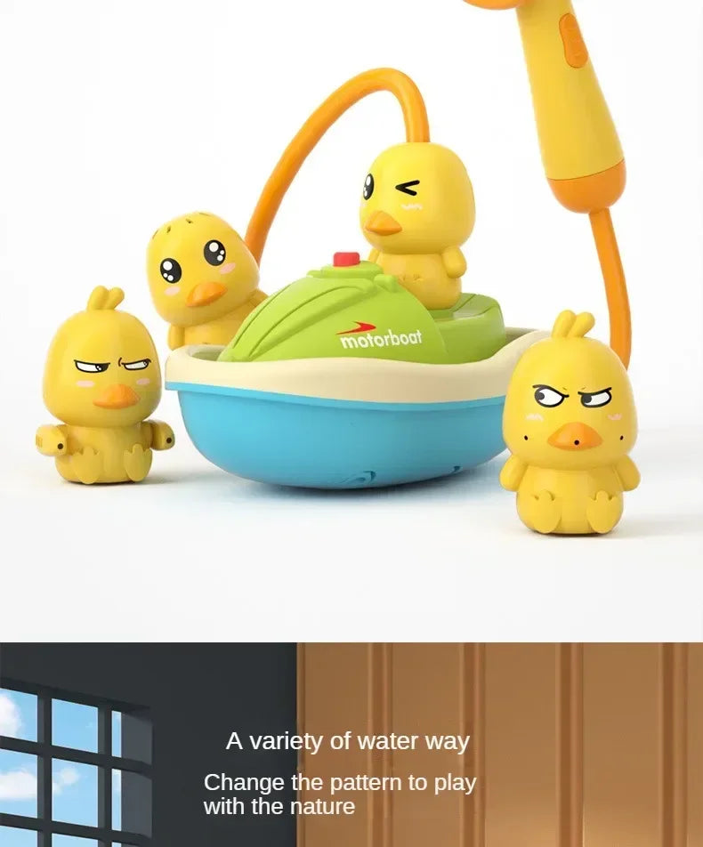 A set of yellow duck bath toys with orange sprayers and a green water tray for kids