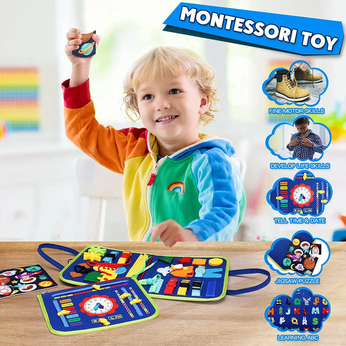 Montessori Sensory Busy Board for Toddlers – Fine Motor Skills & Life Learning Toy
