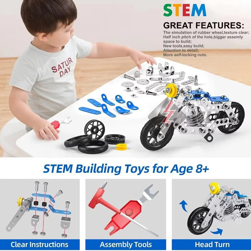 STEM metal building motorcycle construction kit with assembly tools and clear instructions for age 8 plus