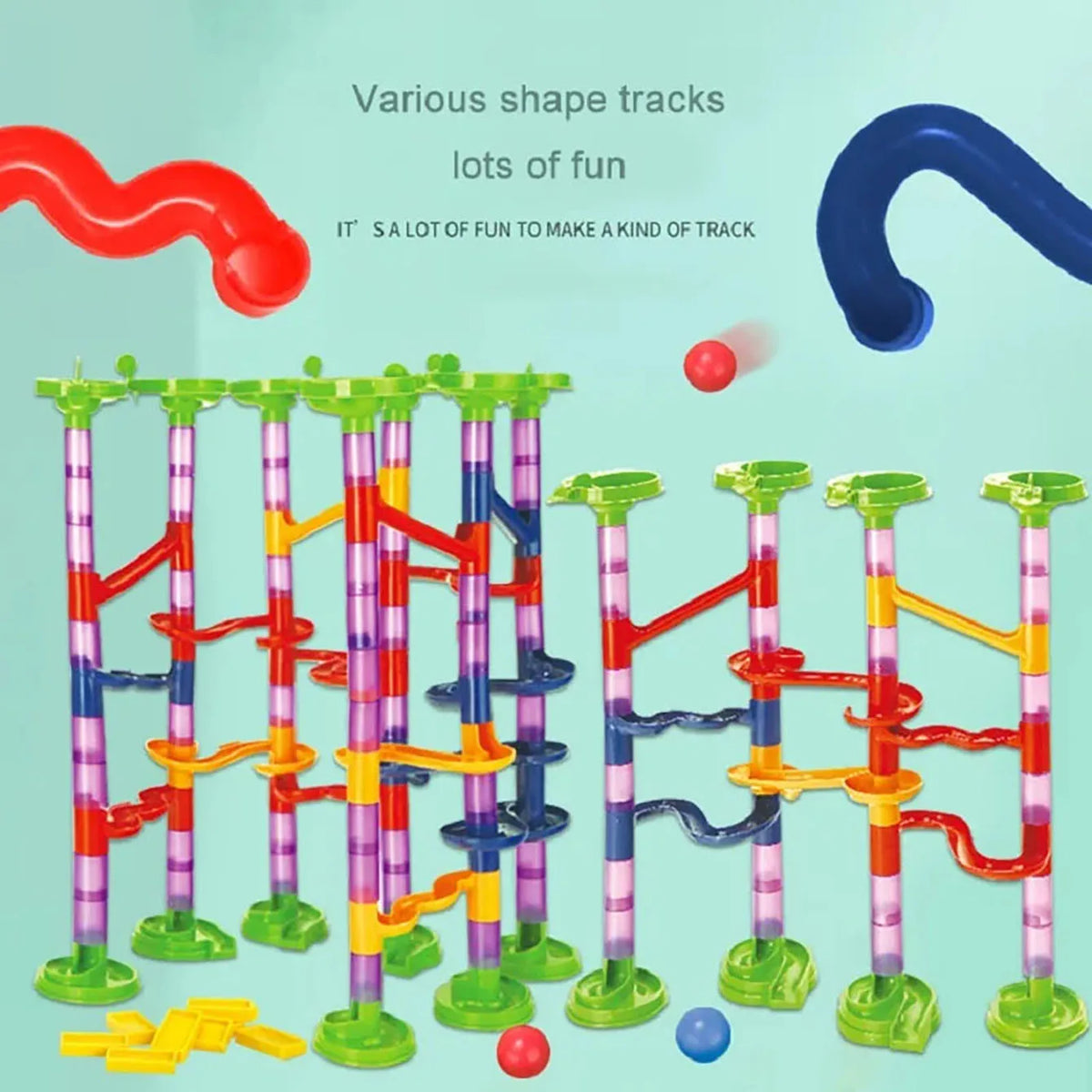A set of various shape tracks and colorful building blocks for kids to create a marble run