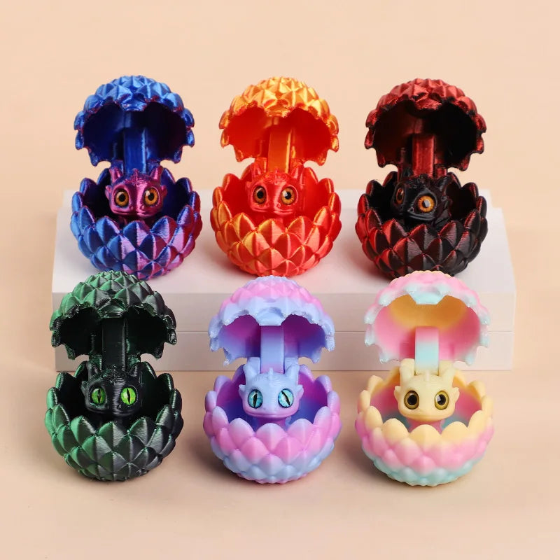 A set of six colorful 3D dragon egg surprise figurines in various colors and textures displayed on a white surface.
