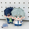 A plush doll of an anime character with dark blue hair and light blue hair, featuring detailed facial expressions and clothin