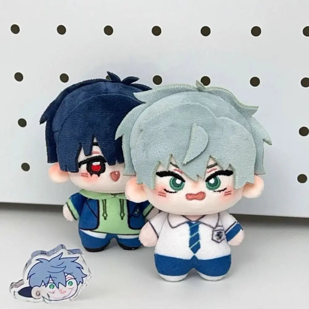 A plush doll of an anime character with dark blue hair and light blue hair, featuring detailed facial expressions and clothin
