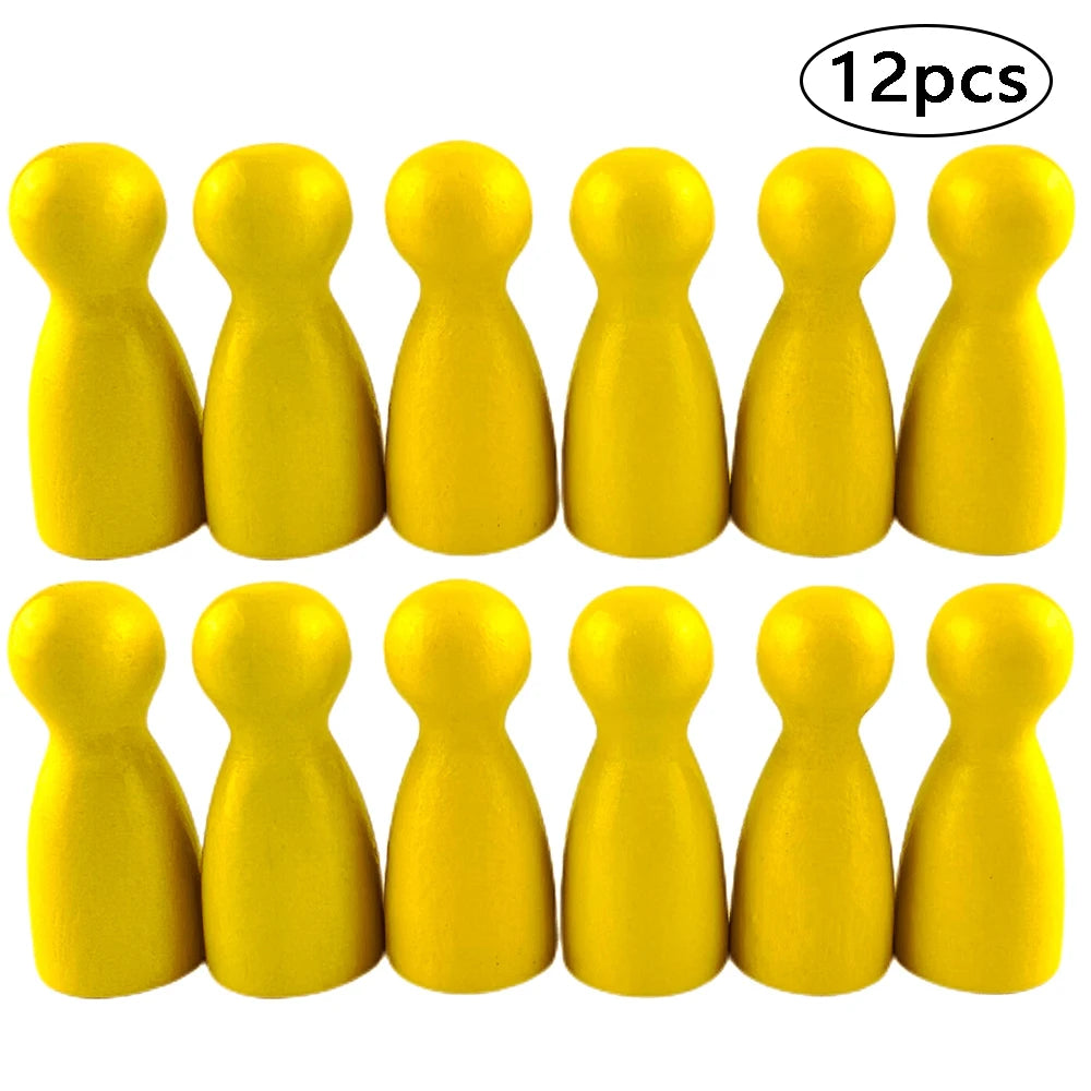 A set of twelve yellow wooden game pawns.
