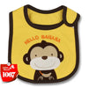 Yellow baby feeding bib with a black border featuring a cartoon monkey face and the text HELLO BANANA