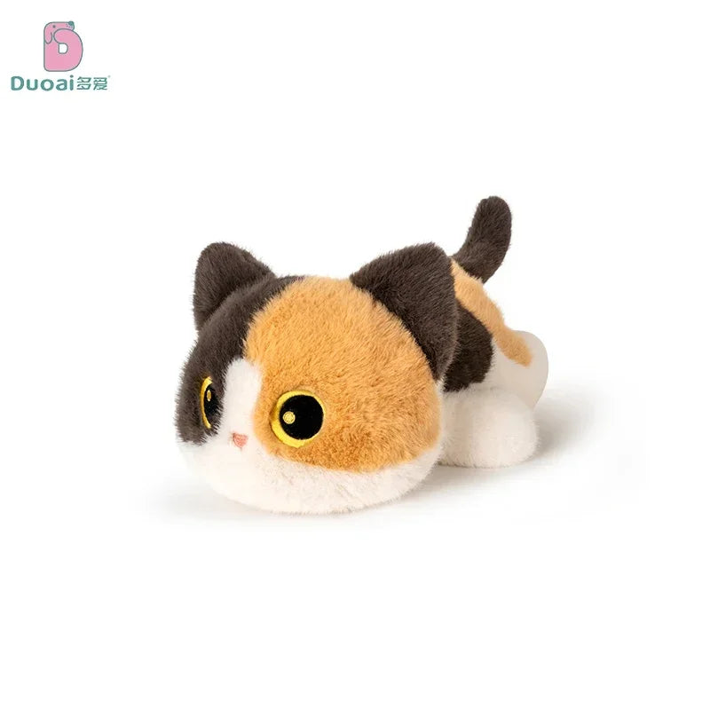 Weiche Cartoon-Katzenplüschpuppe mit orange-schwarzem Fell und großen gelben Augen.