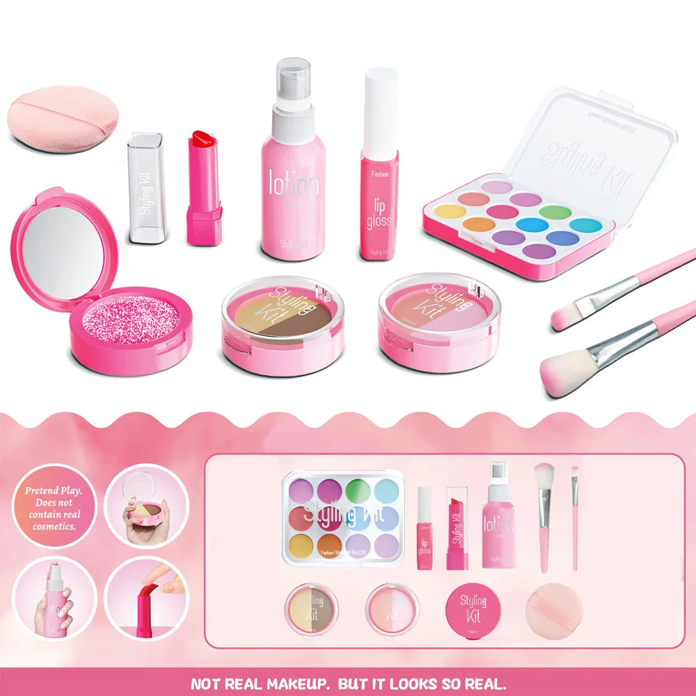 A pink pretend makeup playset for kids featuring various cosmetic items like lip glosses and eyeshadows.
