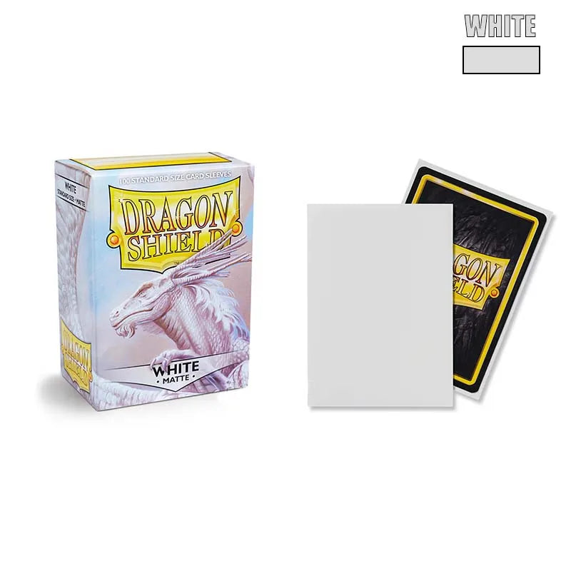 A box of Dragon Shield premium matte card sleeves with white text and a dragon design.