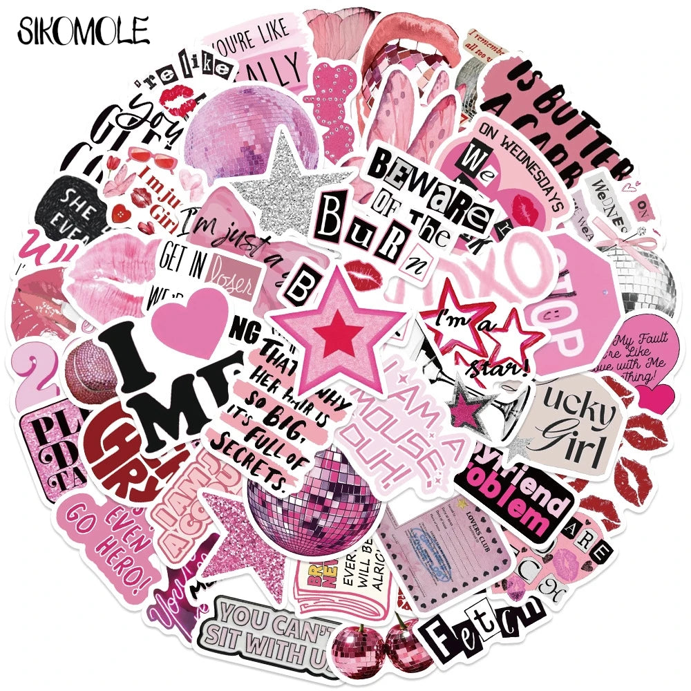 A collection of pink and glittery cartoon stickers featuring various phrases and designs.