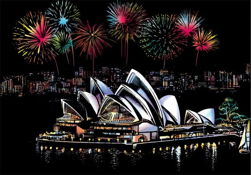 A night scene featuring the Sydney Opera House illuminated by fireworks over a body of water.