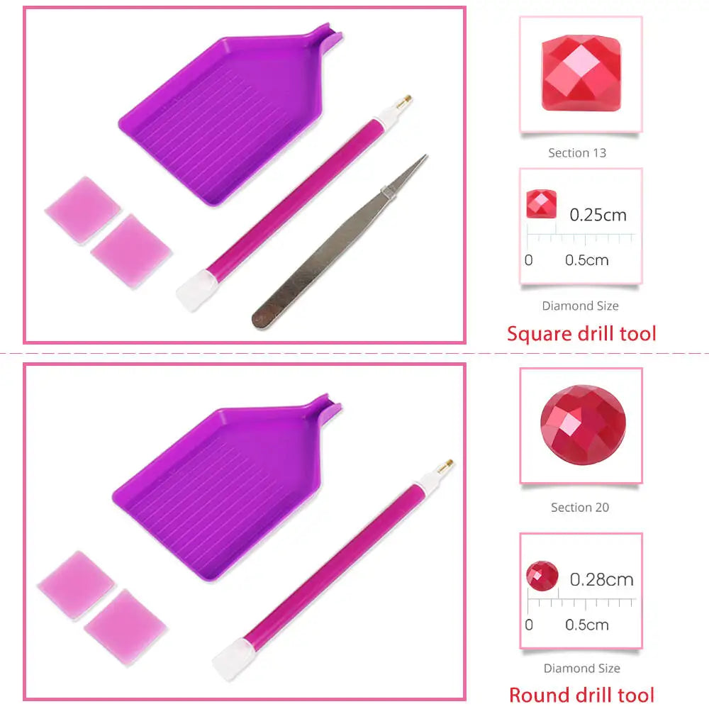 A set of square and round diamond drill tools for DIY art painting kits