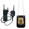 A black police costume accessory set featuring a walkie-talkie and a gold badge on a black tag.