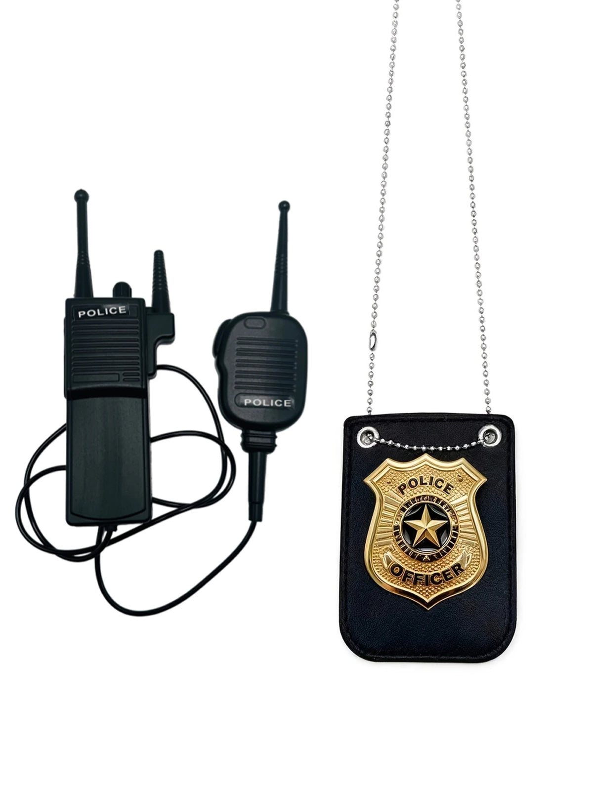 A black police costume accessory set featuring a walkie-talkie and a gold badge on a black tag.