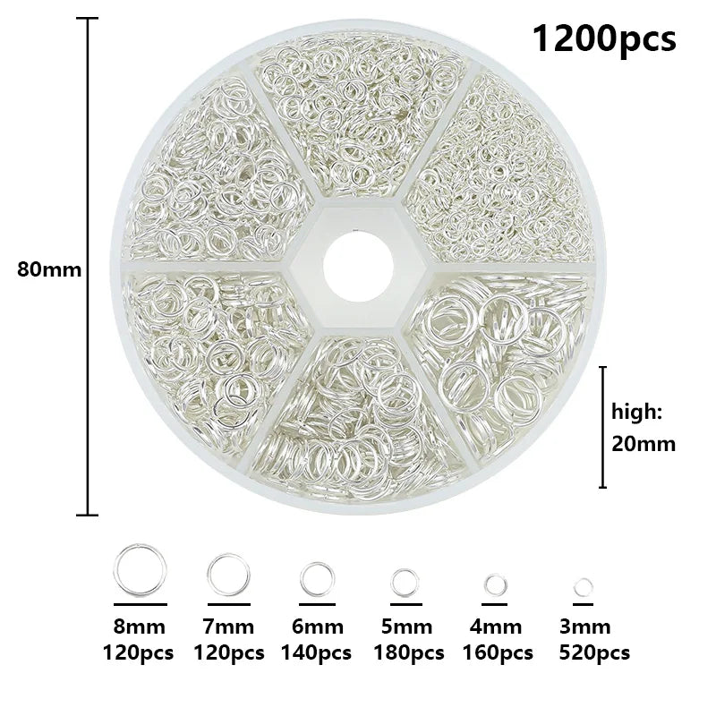 A circular clear plastic organizer case containing various sized jewelry findings and tools for making jewelry.