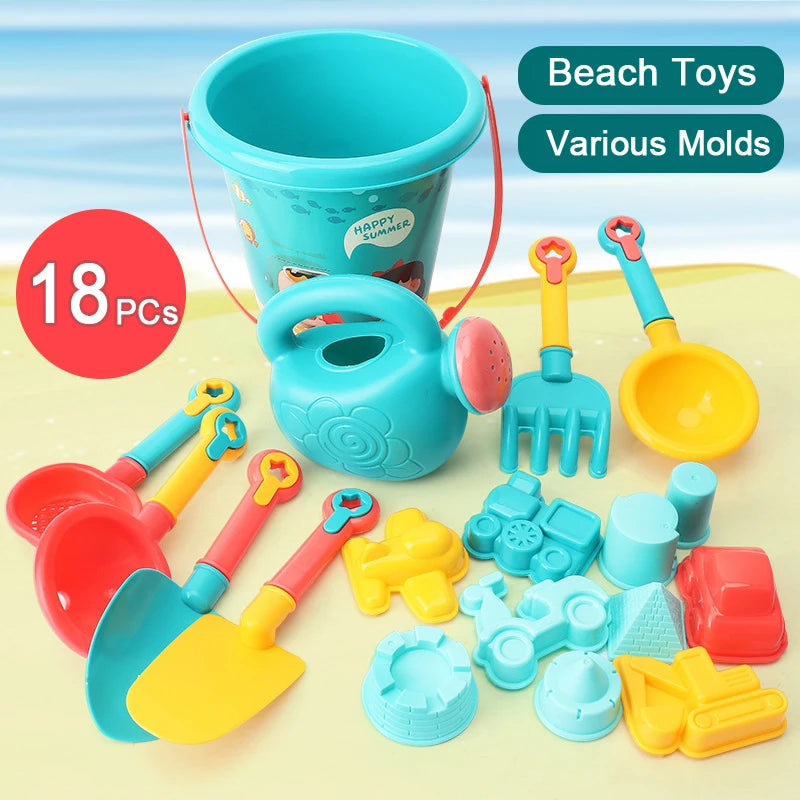 A set of 18 plastic beach toys including a bucket, various molds, and shovels in blue, yellow, and red colors.
