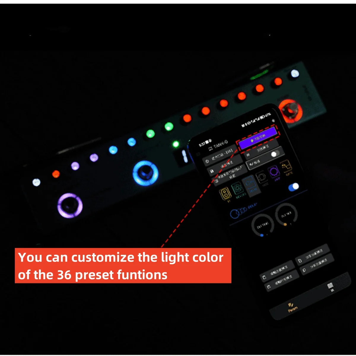 A close-up of a Tank-G portable guitar multi-effects processor showing customizable light colors on its controls.