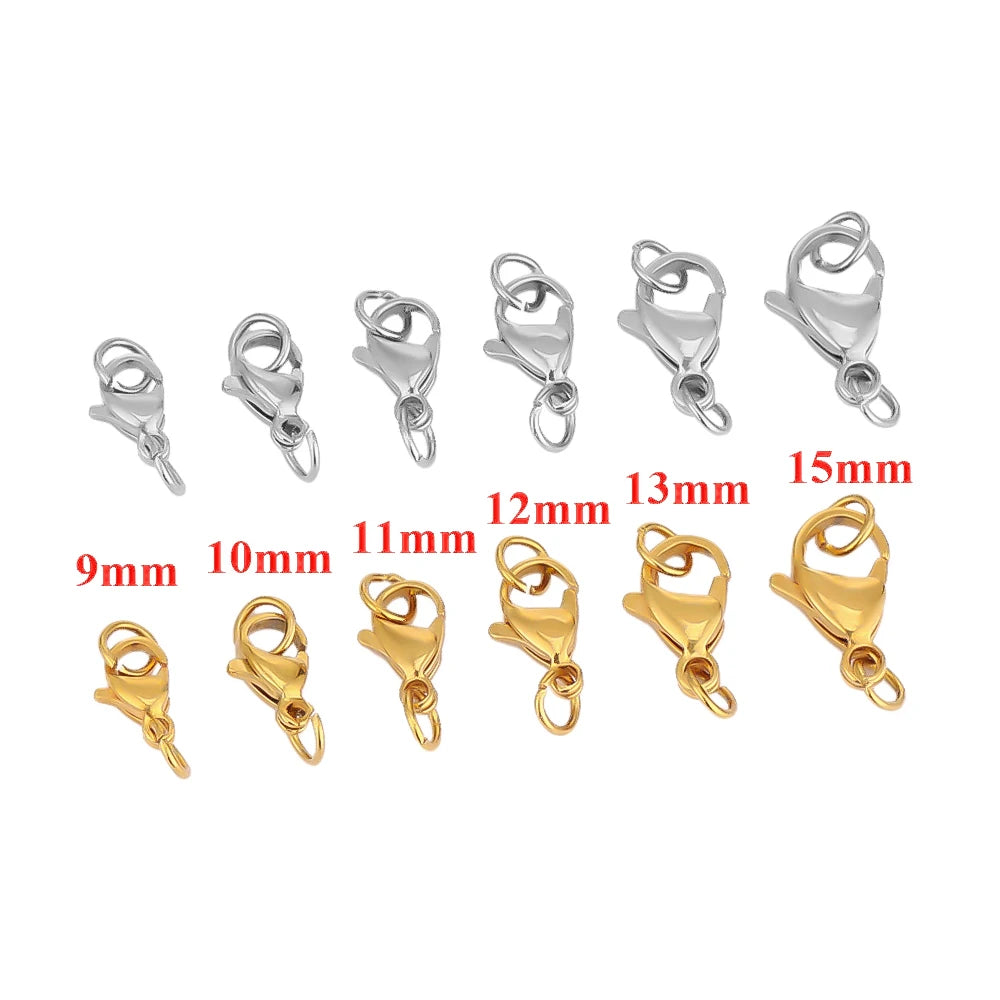 A set of stainless steel lobster clasps and jewelry connectors in various sizes from 9mm to 15mm.