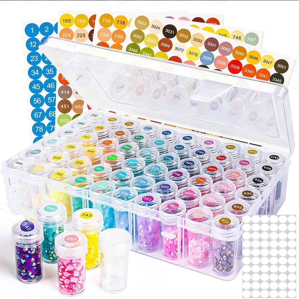 Clear diamond painting bead storage case with numbered bottles and labels for crafting supplies
