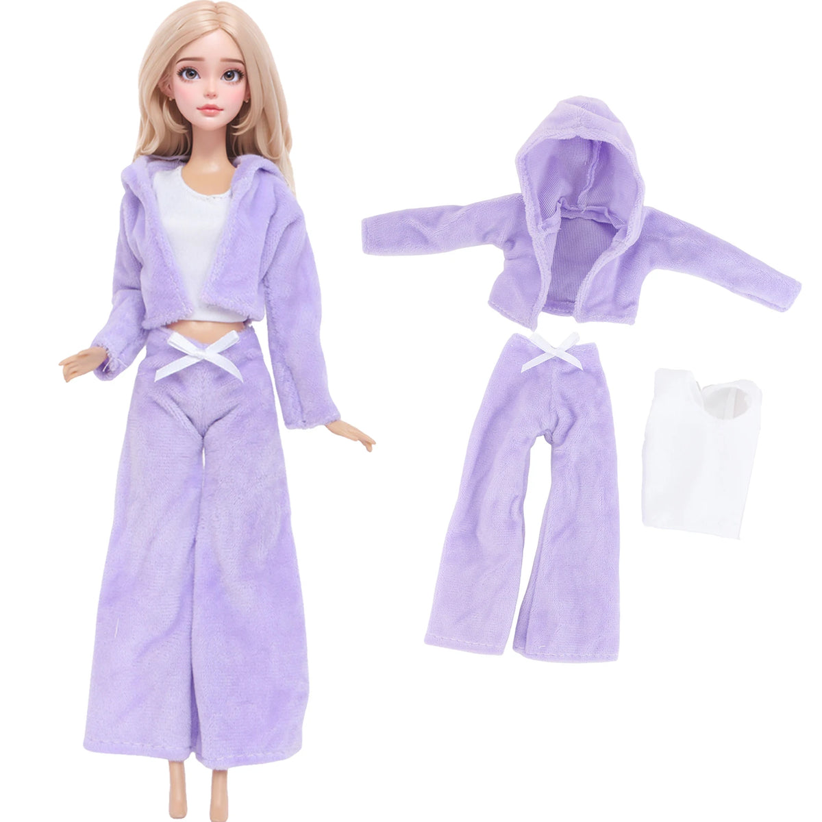 A fashion doll outfit set featuring a purple hooded top and matching pants for a doll.