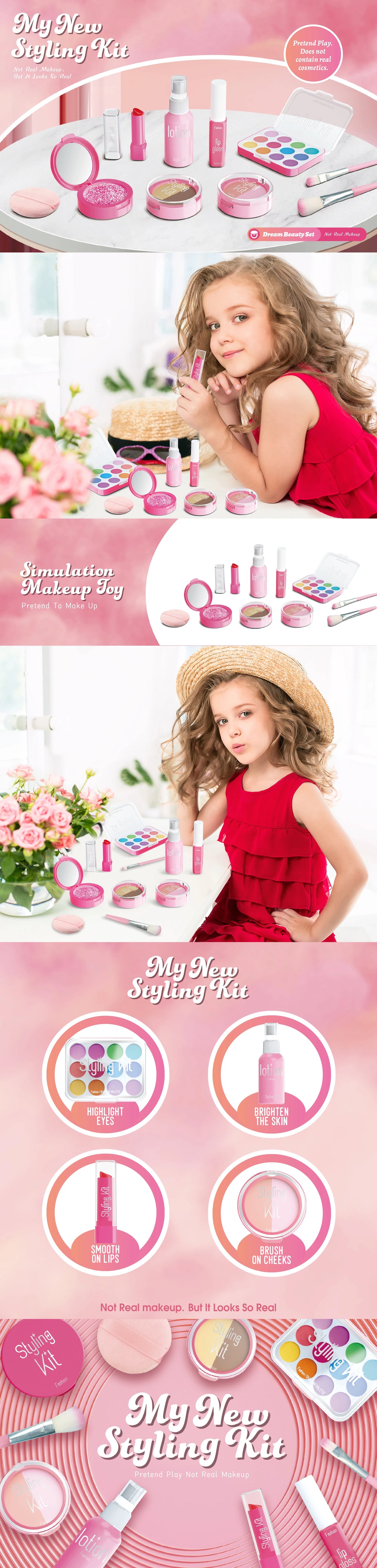 A collection of pink and purple makeup products including lip glosses, eyeshadow palettes, and brushes for a kids pretend pla