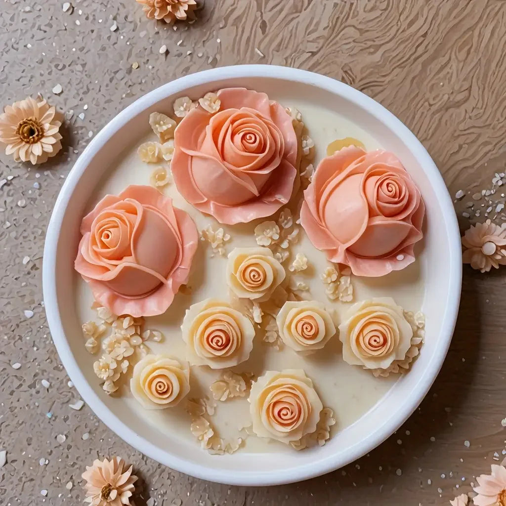 A bowl of light pink rose petals and small flower forms arranged on a neutral background.