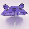 A purple bear face umbrella with black accents and lace trim.