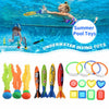 A set of summer pool diving toys including a shark rocket and various underwater diving toys for kids.